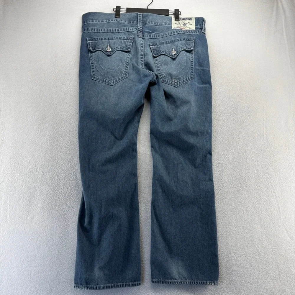 True Religion Jeans Mens 42x33 Blue Straight Dark Wash Whisker Faded Flap Pocket
